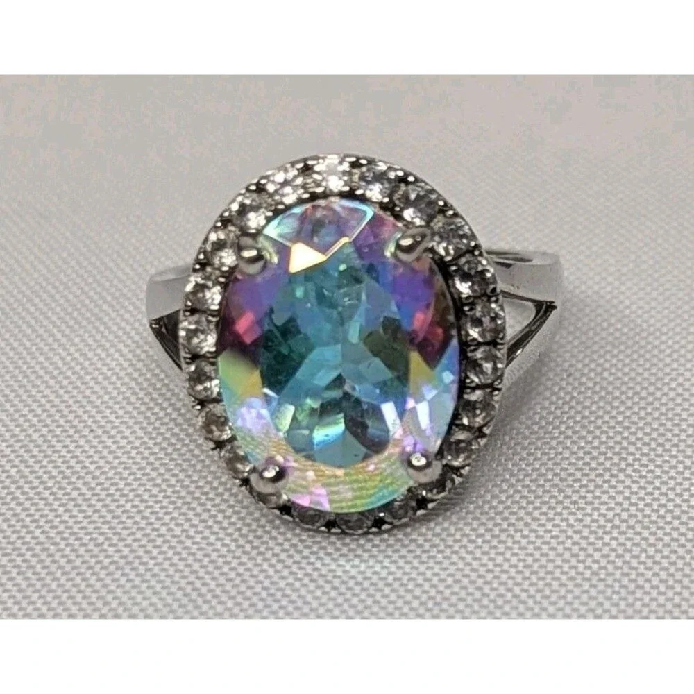 Sterling Silver Mystic Quartz & Zircon Cocktail Ring  Size 9.75